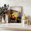 Stylized depiction of Amalfi Coast cliffs and sea in green and black - styled on a counter with eucalyptus and a bowl of lemons