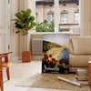 Stylized depiction of Amalfi Coast cliffs and sea in green and black - in a Parisian living room with a sofa and a fig plant
