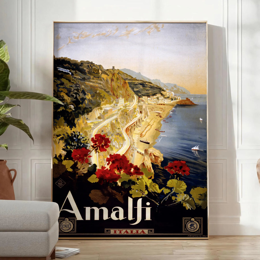Stylized depiction of Amalfi Coast cliffs and sea in green and black - in a bright minimalist room with a plant and an armchair