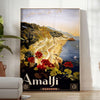 Stylized depiction of Amalfi Coast cliffs and sea in green and black - in a bright minimalist room with a plant and an armchair