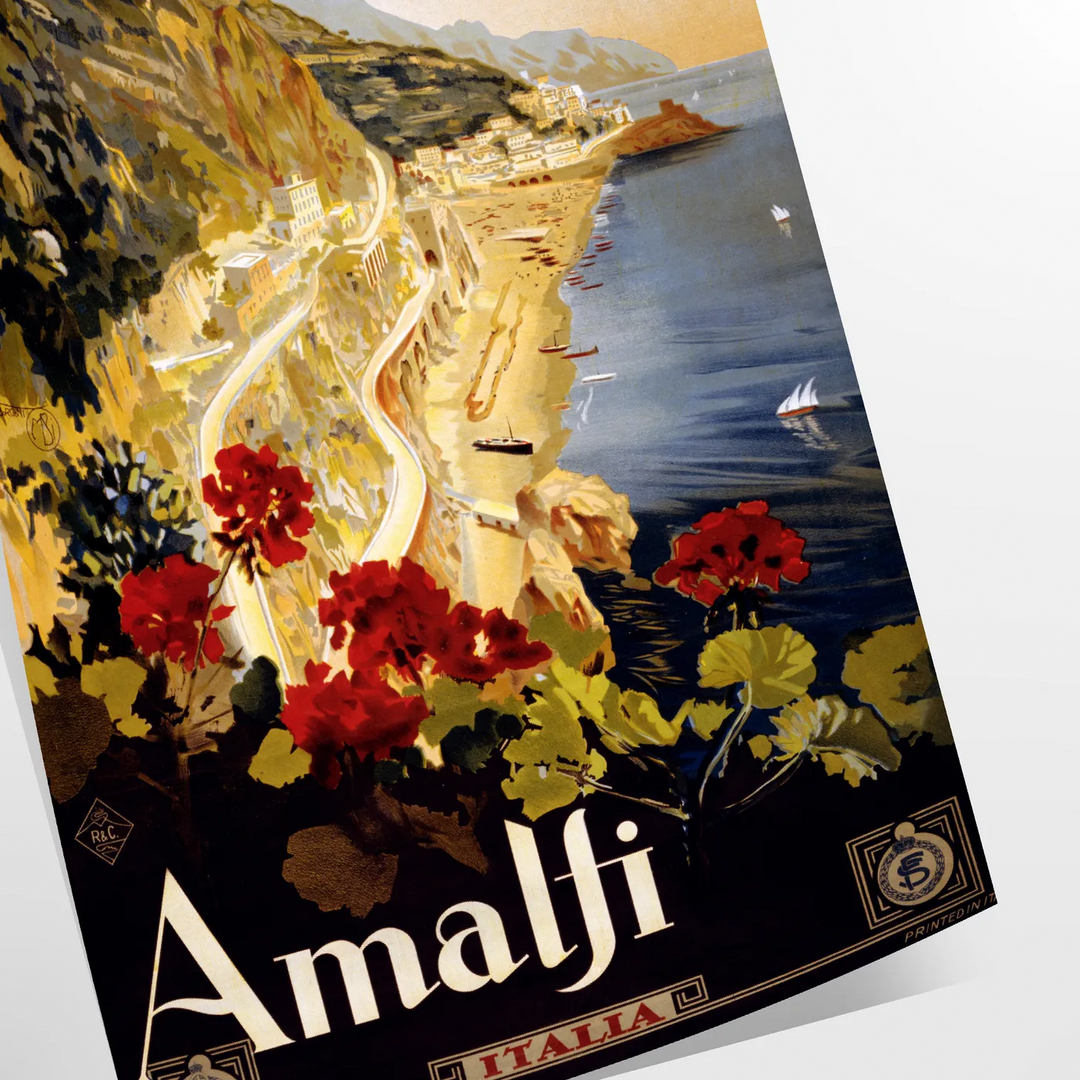 Stylized depiction of Amalfi Coast cliffs and sea in green and black - as a rolled, unframed print