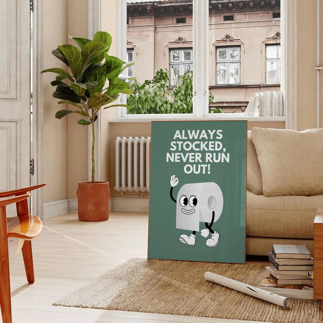 Minimalist gray and black typographic design with the phrase 'Always Stocked Never Run Out' - in a Parisian living room with a sofa and a fig plant