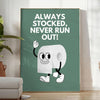 Minimalist gray and black typographic design with the phrase 'Always Stocked Never Run Out' - in a bright minimalist room with a plant and an armchair