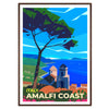 Stylized coastal landscape of Amalfi Coast, Italy in earthy tones - in a walnut frame