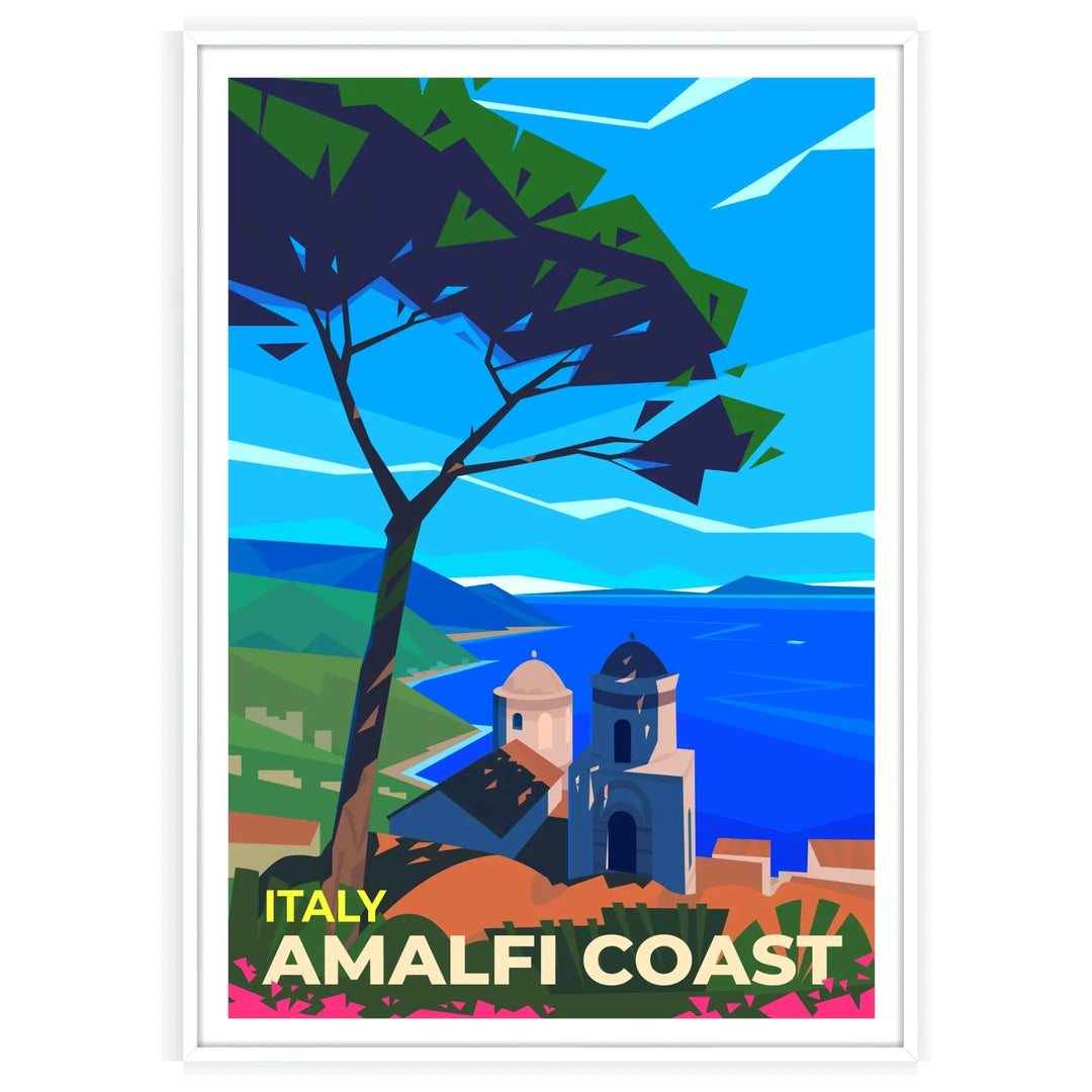 Stylized coastal landscape of Amalfi Coast, Italy in earthy tones - in a white frame