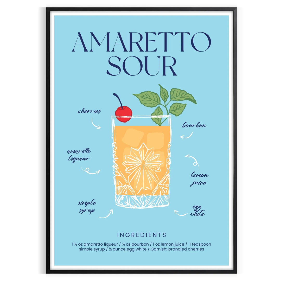 Illustration of an Amaretto Sour cocktail with splash effects in blue and yellow