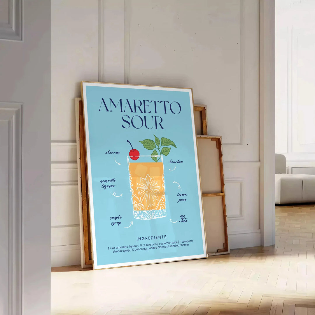 Illustration of an Amaretto Sour cocktail with splash effects in blue and yellow - leaning on a herringbone floor against a white panelled wall