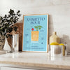 Illustration of an Amaretto Sour cocktail with splash effects in blue and yellow - styled on a counter with eucalyptus and a bowl of lemons