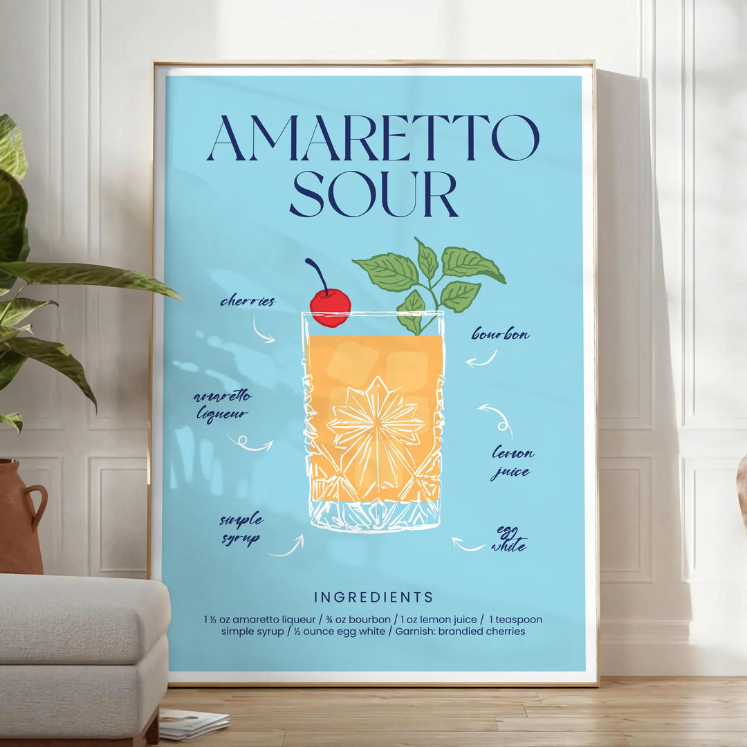 Illustration of an Amaretto Sour cocktail with splash effects in blue and yellow - in a bright minimalist room with a plant and an armchair