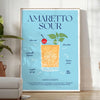 Illustration of an Amaretto Sour cocktail with splash effects in blue and yellow - in a bright minimalist room with a plant and an armchair