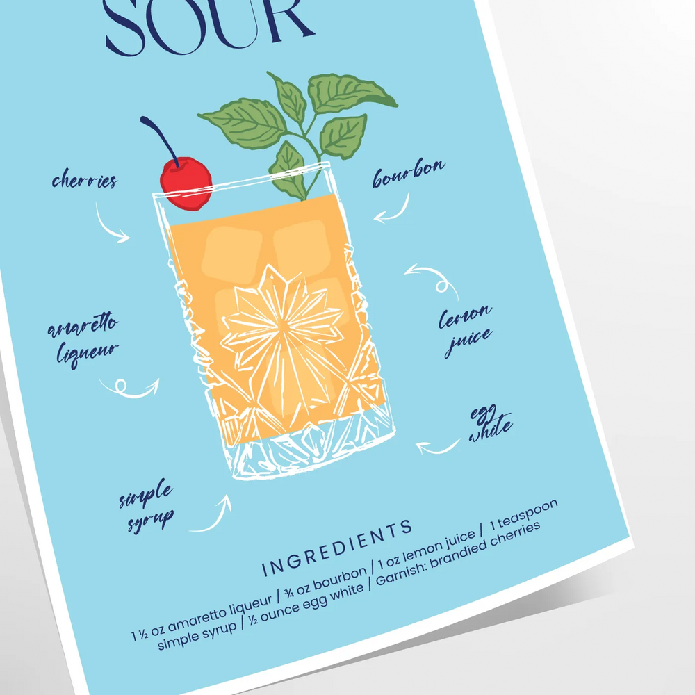 Illustration of an Amaretto Sour cocktail with splash effects in blue and yellow