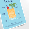 Illustration of an Amaretto Sour cocktail with splash effects in blue and yellow