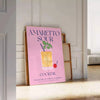 Yellow and blue Amaretto Sour poster in retro graphic illustration style - leaning on a herringbone floor against a white panelled wall
