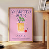 Yellow and blue Amaretto Sour poster in retro graphic illustration style - beside a round wooden side table with books