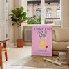 Yellow and blue Amaretto Sour poster in retro graphic illustration style - in a Parisian living room with a sofa and a fig plant