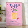 Yellow and blue Amaretto Sour poster in retro graphic illustration style - in a bright minimalist room with a plant and an armchair