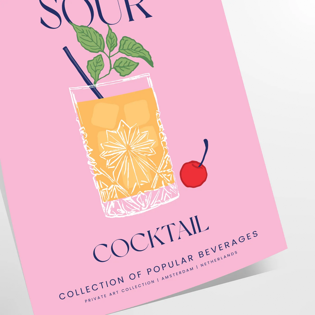 Yellow and blue Amaretto Sour poster in retro graphic illustration style