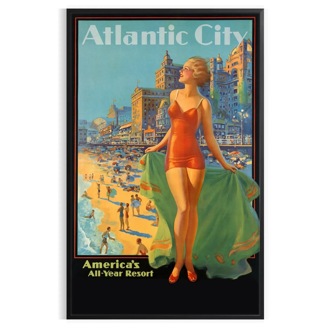 Minimalist travel poster featuring Atlantic City with green and blue tones