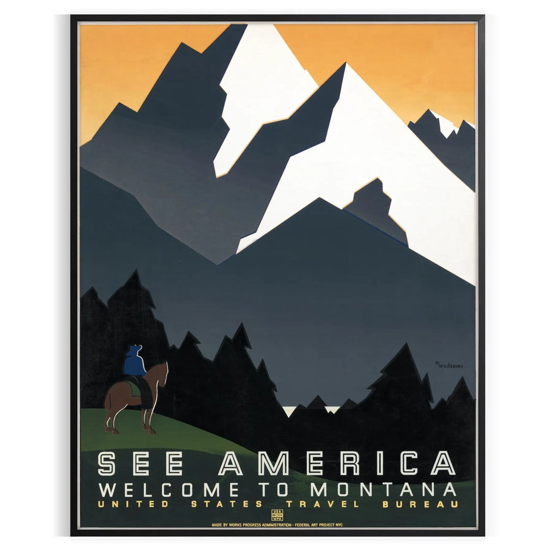 Vintage travel poster depicting Montana's green valleys under an orange sky