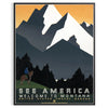 Vintage travel poster depicting Montana's green valleys under an orange sky - in a black frame