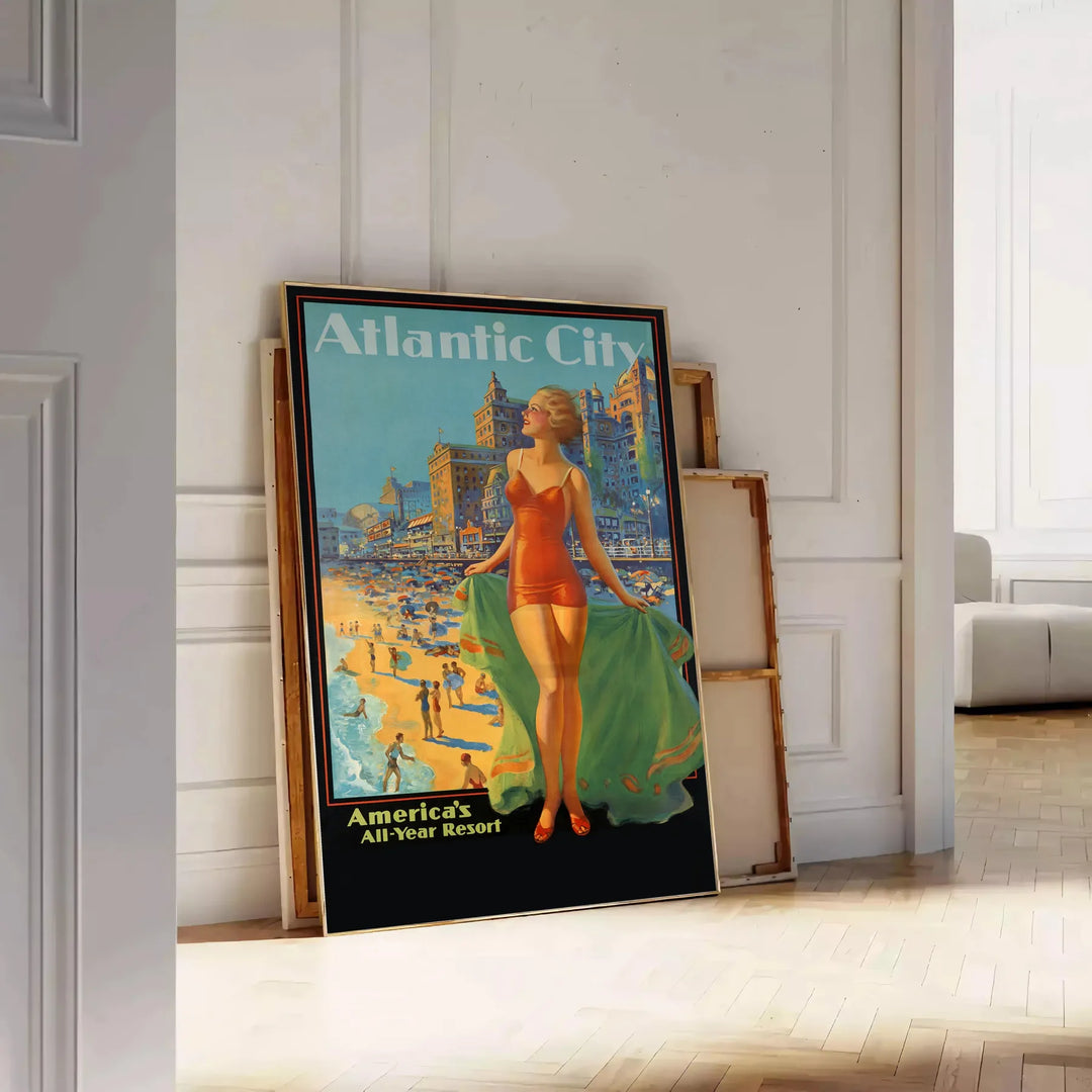 Minimalist travel poster featuring Atlantic City with green and blue tones - leaning on a herringbone floor against a white panelled wall