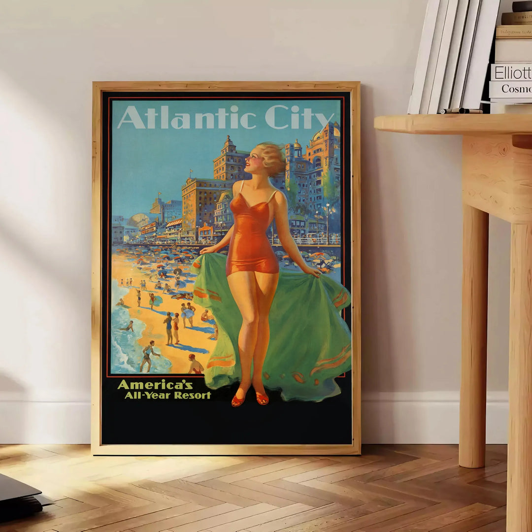 Minimalist travel poster featuring Atlantic City with green and blue tones - beside a round wooden side table with books