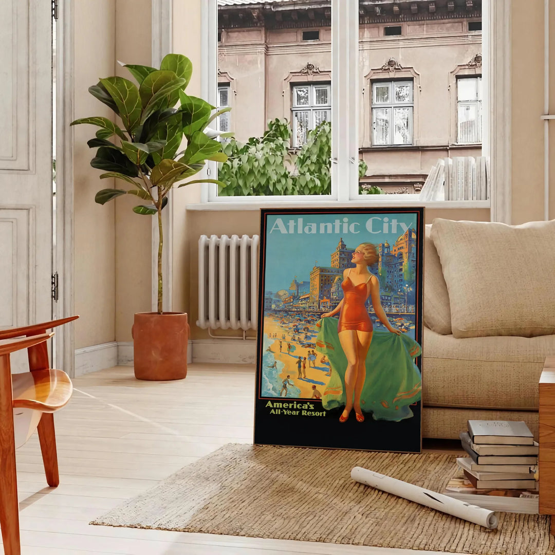 Minimalist travel poster featuring Atlantic City with green and blue tones - in a Parisian living room with a sofa and a fig plant