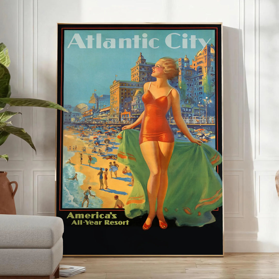 Minimalist travel poster featuring Atlantic City with green and blue tones - in a bright minimalist room with a plant and an armchair