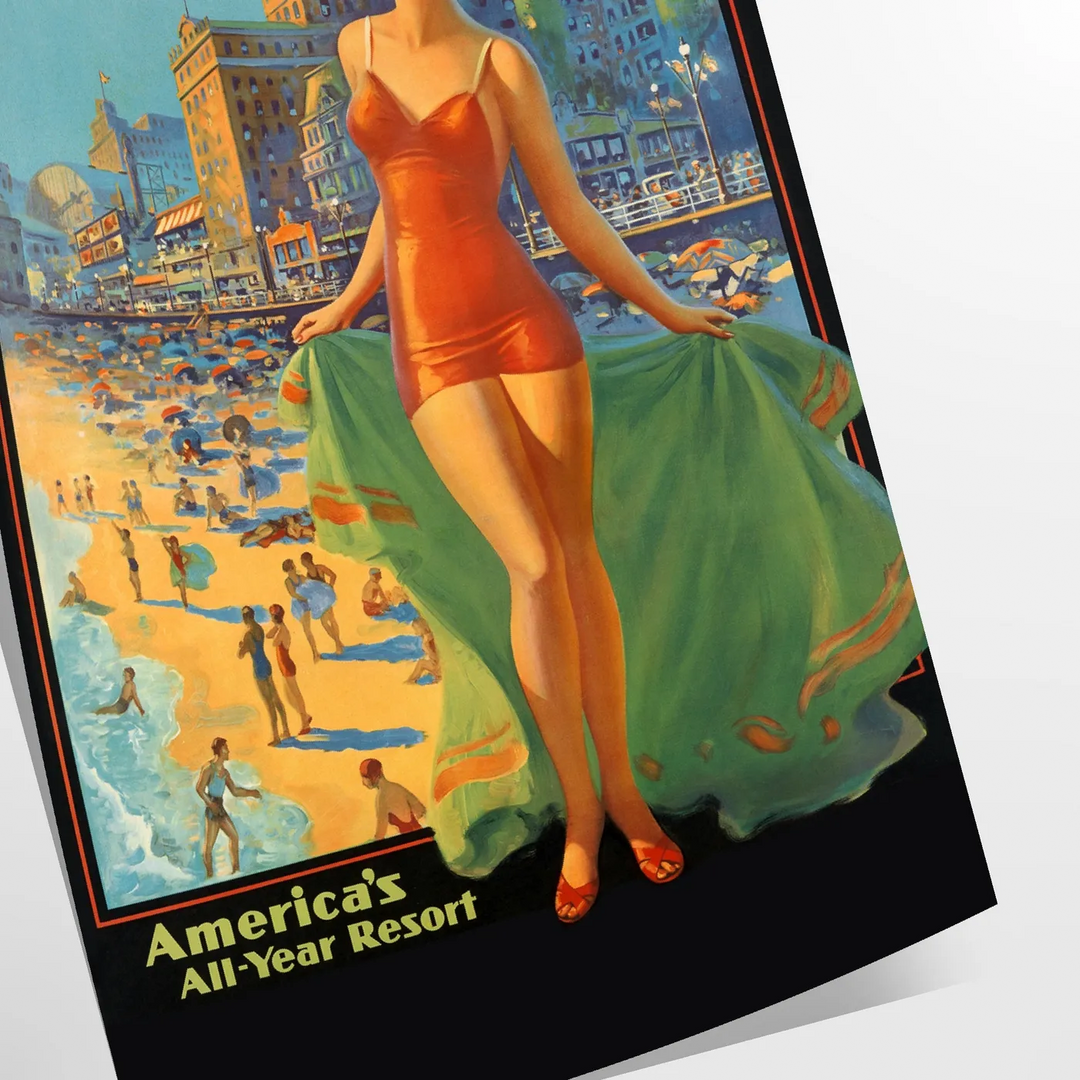 Minimalist travel poster featuring Atlantic City with green and blue tones - as a rolled, unframed print