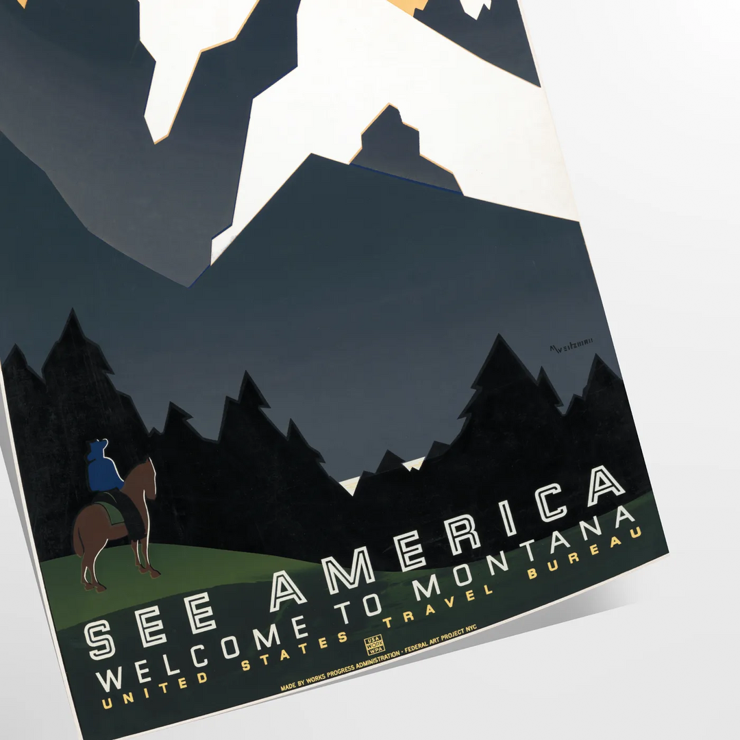 Vintage travel poster depicting Montana's green valleys under an orange sky - as a rolled, unframed print