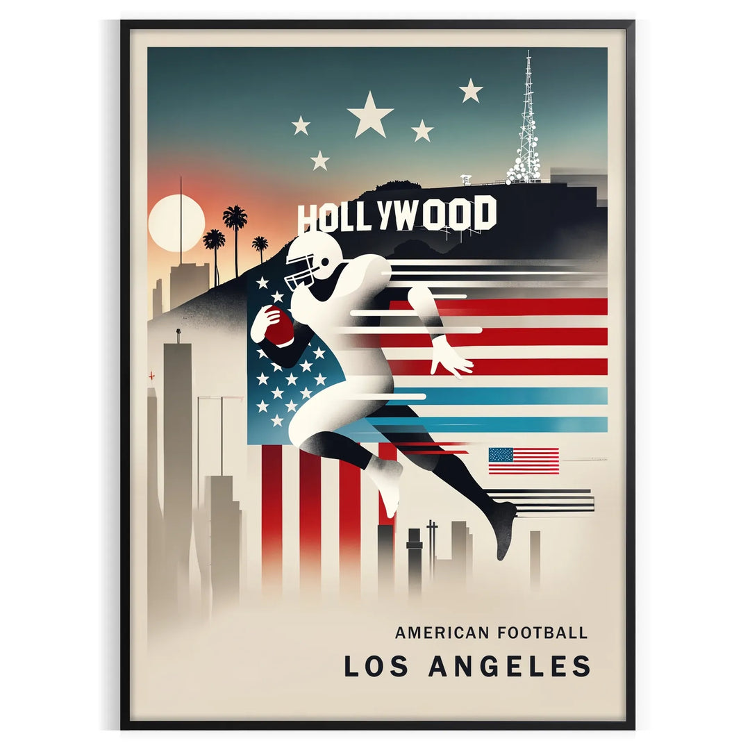 Dynamic American football scene with vintage Los Angeles Olympics design