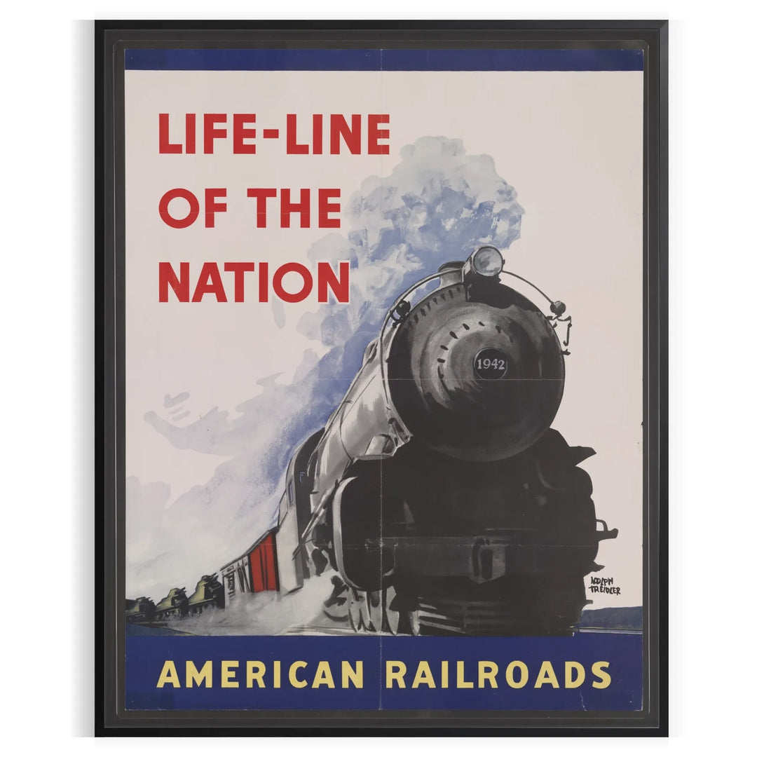 Poster of stylized railroad travel artwork in green and blue tones