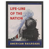 Poster of stylized railroad travel artwork in green and blue tones - in a black frame