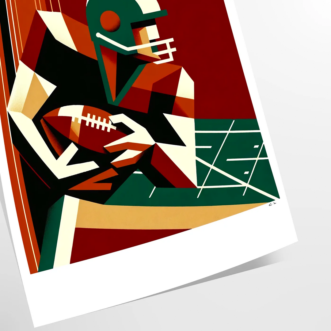 Vintage affisch med amerikansk fotboll, retroillustration i dämpade toner - som ett rullat tryck utan ram