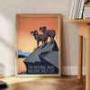 Stylized travel poster featuring an American national park with black and orange colors - beside a round wooden side table with books