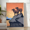 Stylized travel poster featuring an American national park with black and orange colors - in a bright minimalist room with a plant and an armchair