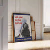 Poster of stylized railroad travel artwork in green and blue tones - leaning on a herringbone floor against a white panelled wall