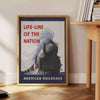 Poster of stylized railroad travel artwork in green and blue tones - beside a round wooden side table with books