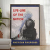 Poster of stylized railroad travel artwork in green and blue tones - in a bright minimalist room with a plant and an armchair