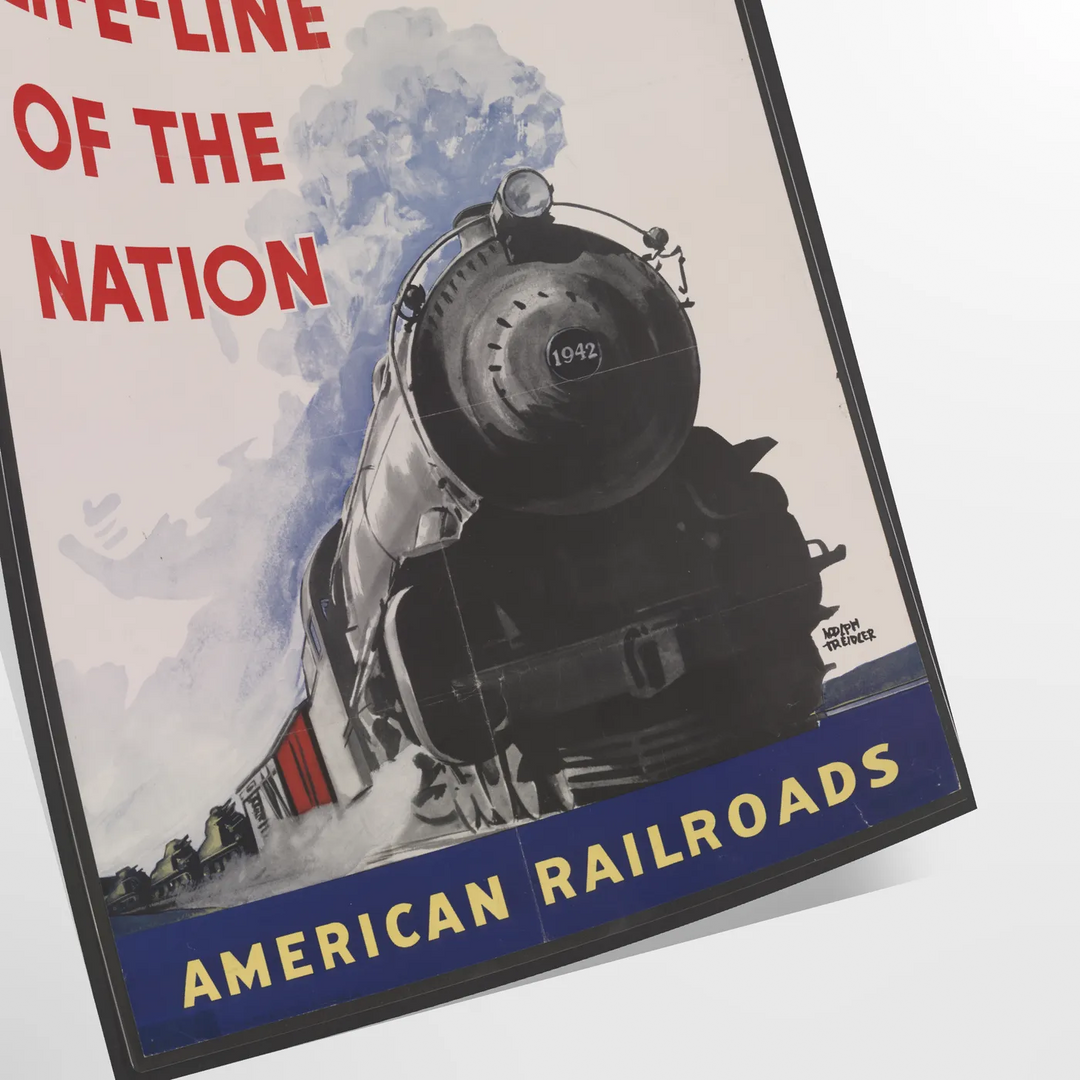 Poster of stylized railroad travel artwork in green and blue tones - as a rolled, unframed print