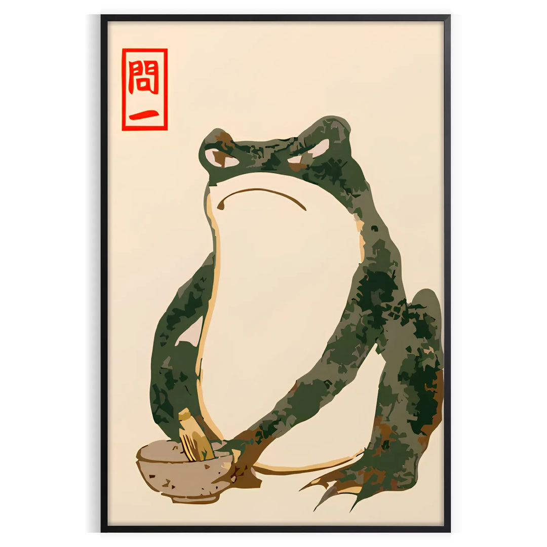 A green and orange frog with an angry expression in a retro space style
