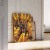 A fierce black dog with green accents in a bold graphic style - leaning on a herringbone floor against a white panelled wall