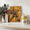 A fierce black dog with green accents in a bold graphic style - styled on a counter with eucalyptus and a bowl of lemons
