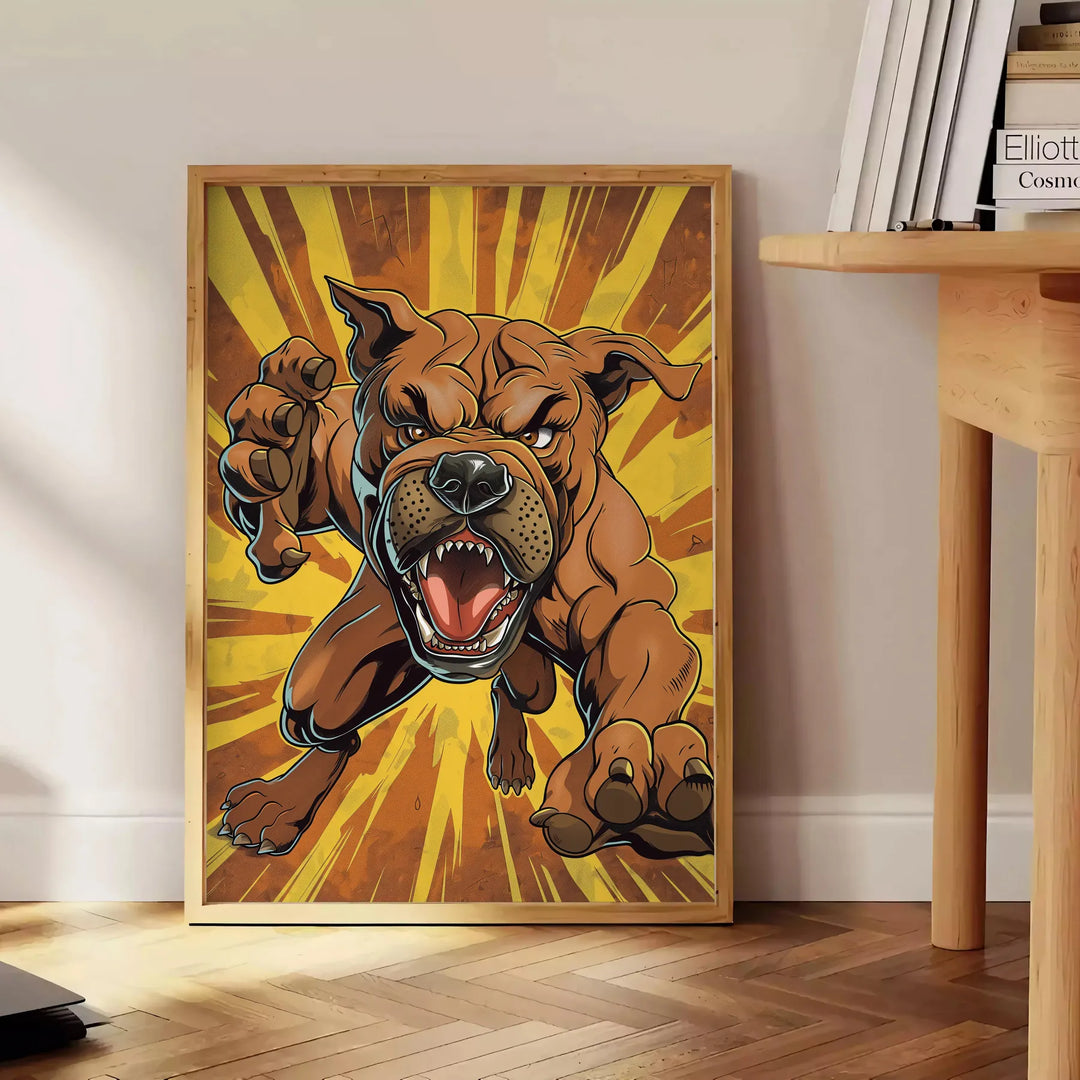 A fierce black dog with green accents in a bold graphic style - beside a round wooden side table with books