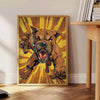 A fierce black dog with green accents in a bold graphic style - beside a round wooden side table with books