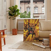 A fierce black dog with green accents in a bold graphic style - in a Parisian living room with a sofa and a fig plant