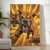 A fierce black dog with green accents in a bold graphic style - in a bright minimalist room with a plant and an armchair