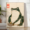 A green and orange frog with an angry expression in a retro space style - in a bright minimalist room with a plant and an armchair