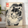 Woodblock-style poster of an angry tiger by Matsumoto Hoji with earthy tones - in a bright minimalist room with a plant and an armchair