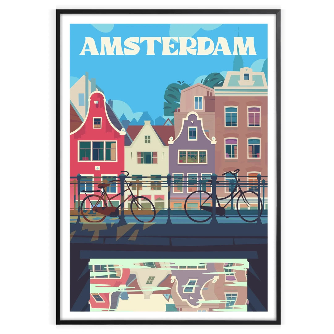Stylized Amsterdam cityscape poster in gray and blue, modern minimalist print